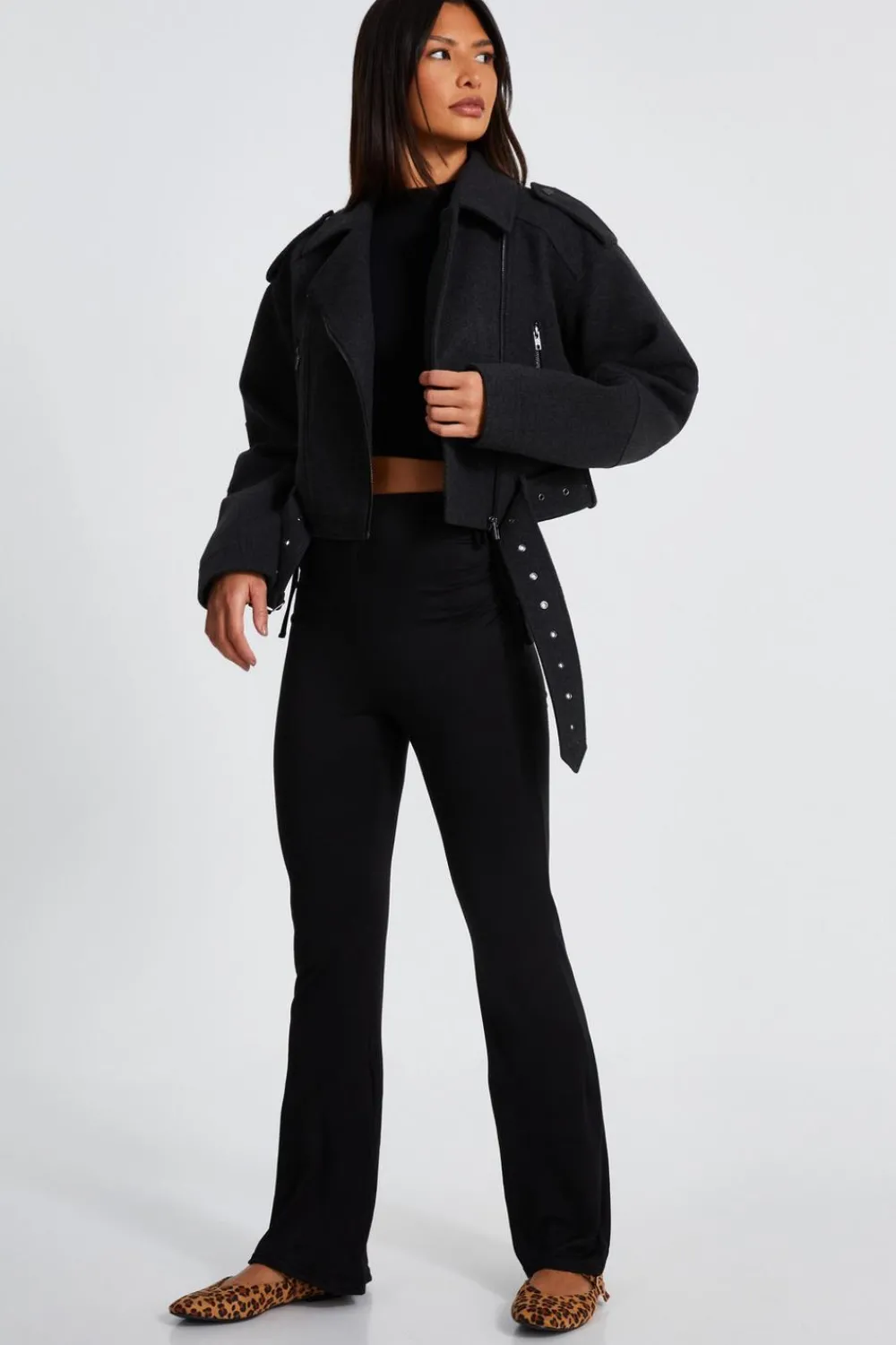 Quiz Jackets & Coats|Casual Clothing>Dark Grey Cropped Biker Jacket