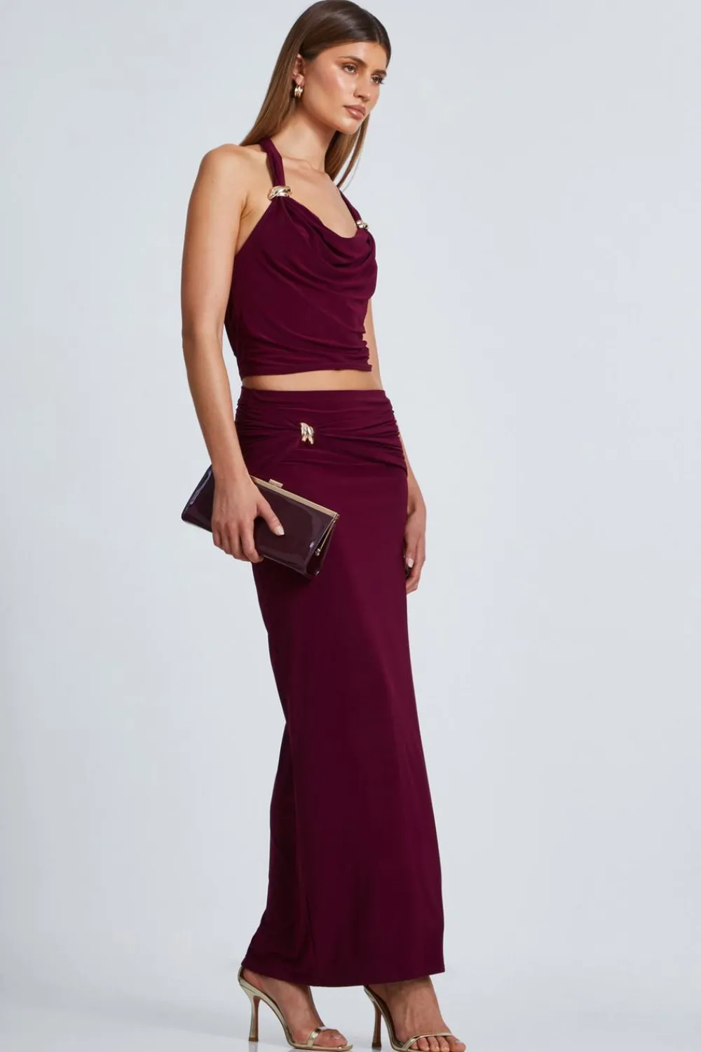 Quiz Going Out Tops|Crop Tops>Dark Red Buckle Detail Crop Top