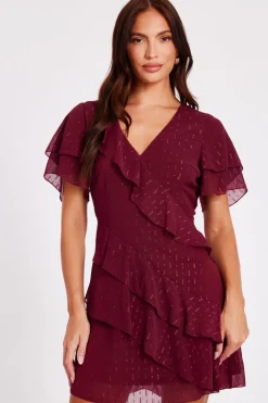 Quiz Day At The Races|Christening Guest>Dark Red Chiffon Ruffle Mini Dress