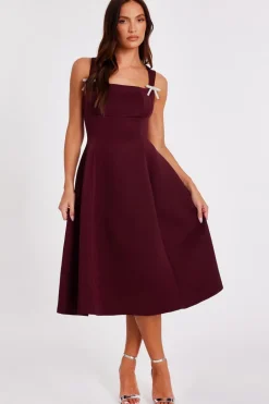 Quiz Day At The Races|Christening Guest>Dark Red Diamante Bow Midi Dress