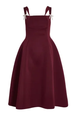 Quiz Day At The Races|Christening Guest>Dark Red Diamante Bow Midi Dress