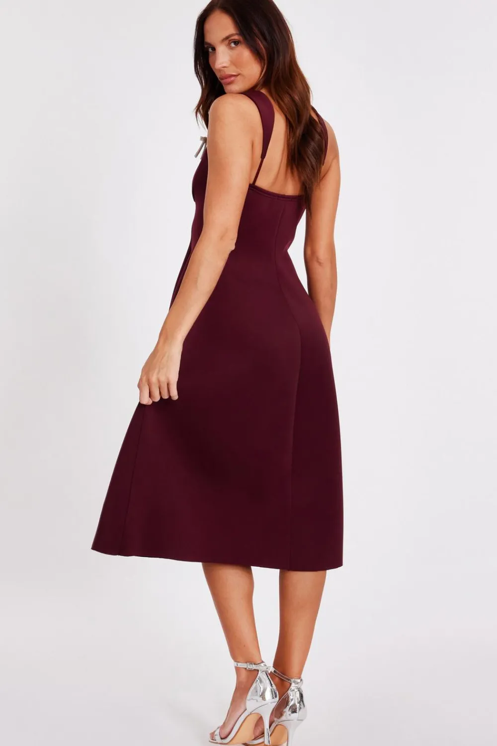 Quiz Day At The Races|Christening Guest>Dark Red Diamante Bow Midi Dress
