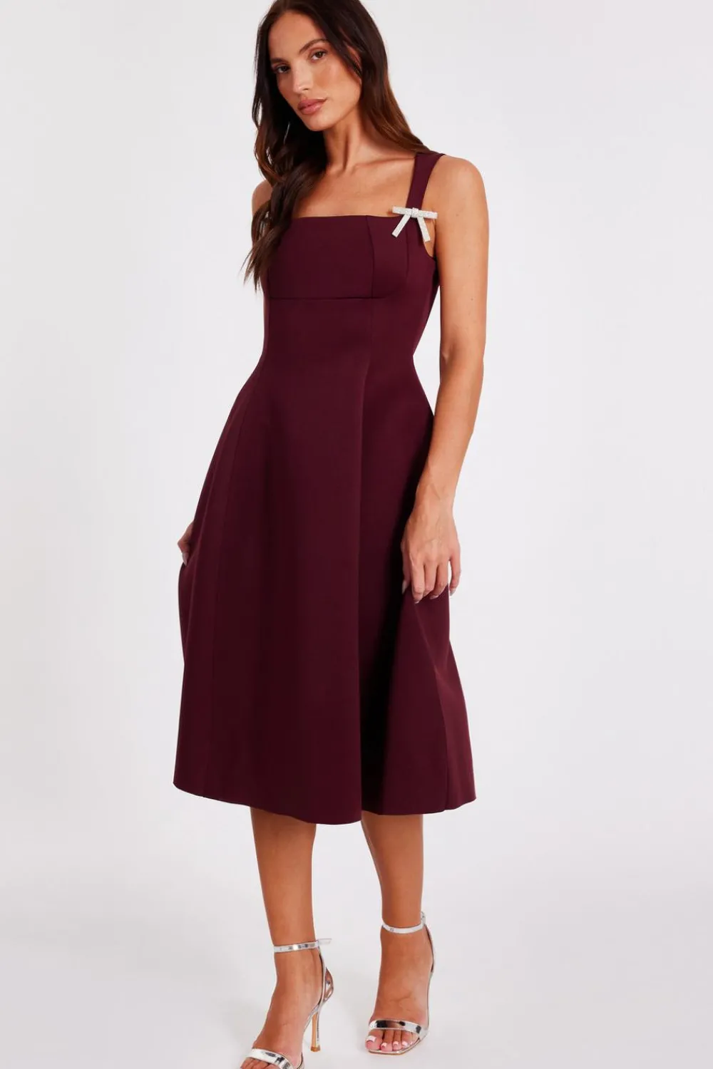 Quiz Day At The Races|Christening Guest>Dark Red Diamante Bow Midi Dress