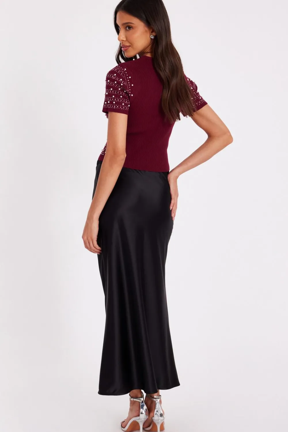 Quiz Day Tops|Crop Tops>Dark Red Embellished Knit Crop Top