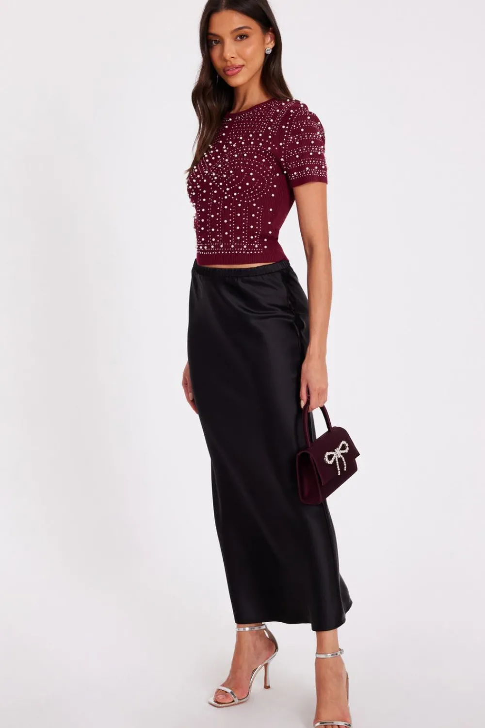 Quiz Day Tops|Crop Tops>Dark Red Embellished Knit Crop Top