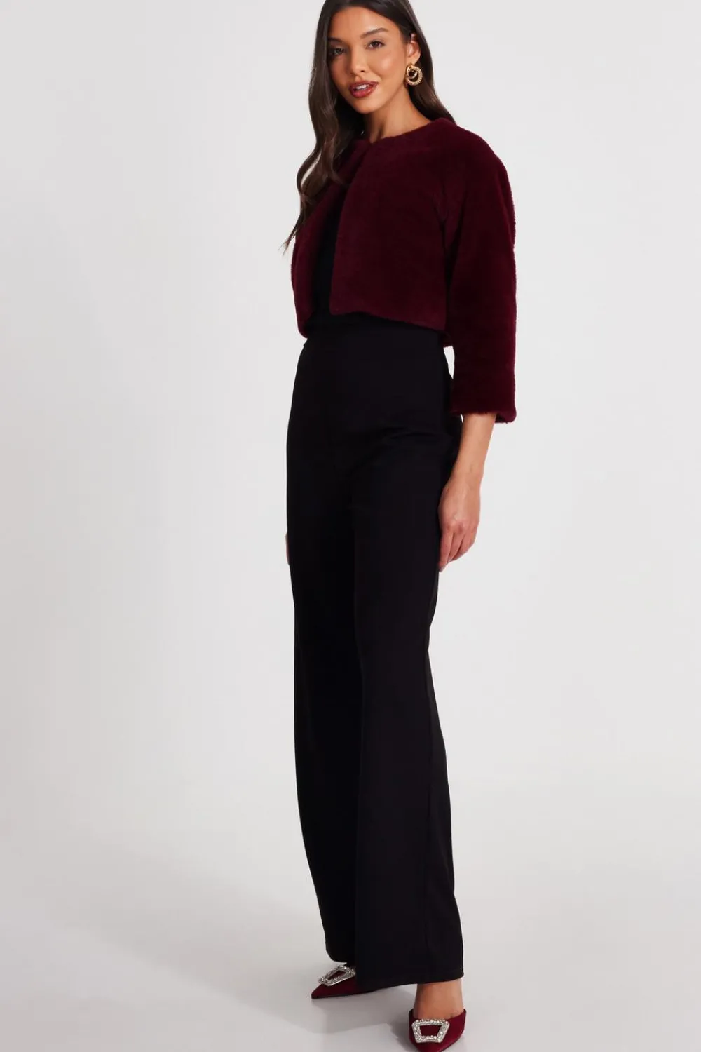 Quiz Occasion Cover-Ups|Capes & Ponchos>Dark Red Faux Fur Long Sleeve Cape