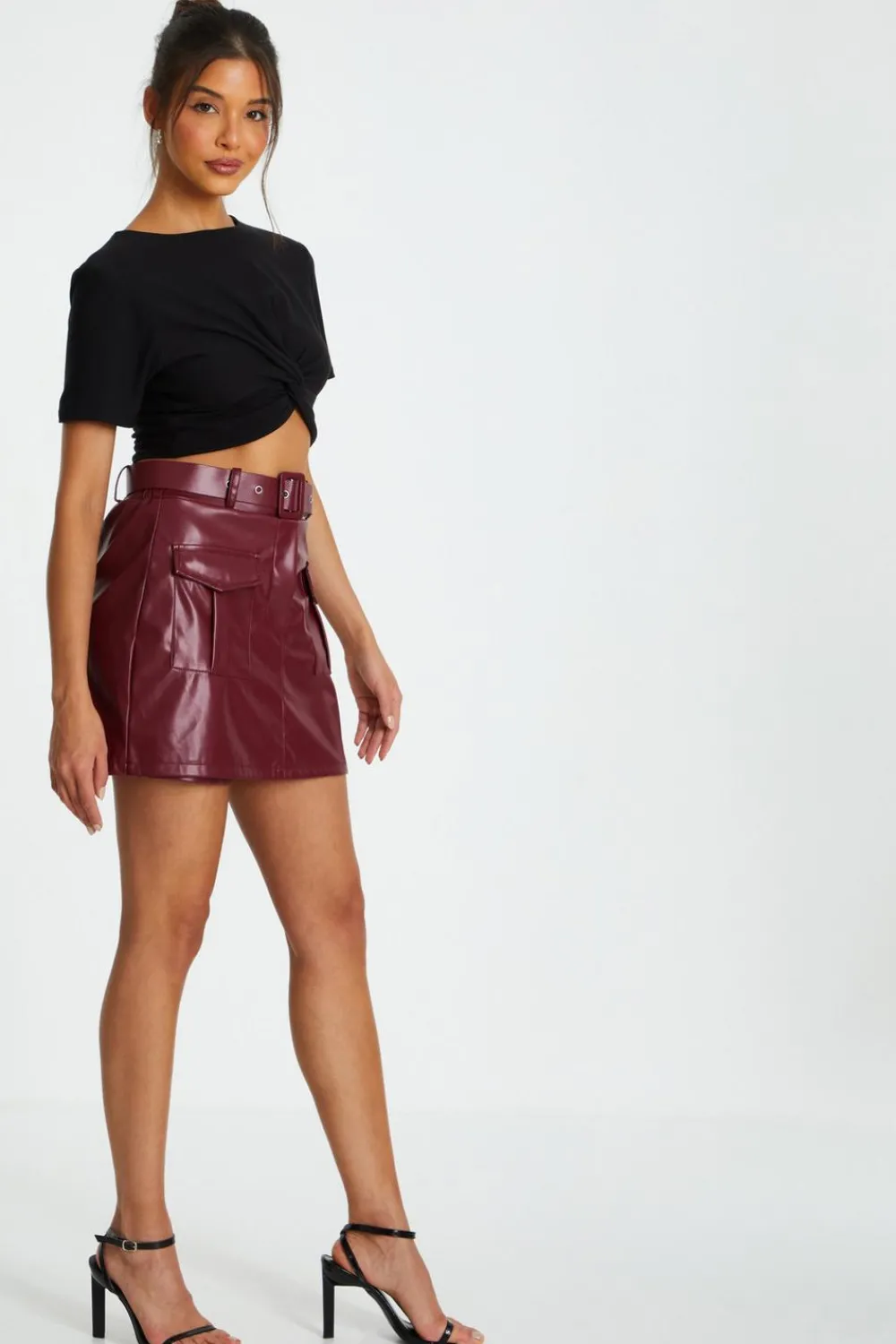 Quiz Trending: Red|Skirts>Dark Red Faux Leather Skort