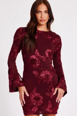 Quiz Trending: Red|Florals>Dark Red Floral Applique Mini Dress