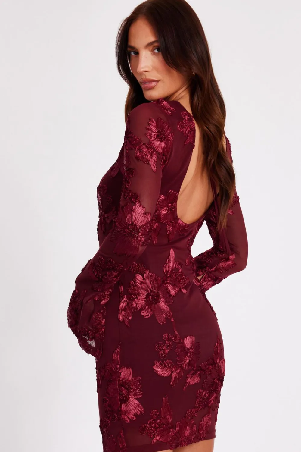 Quiz Trending: Red|Florals>Dark Red Floral Applique Mini Dress