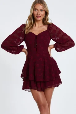 Quiz Trending: Red|Summer Clothes>Dark Red Floral Jacquard Tiered Playsuit