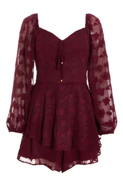 Quiz Trending: Red|Summer Clothes>Dark Red Floral Jacquard Tiered Playsuit