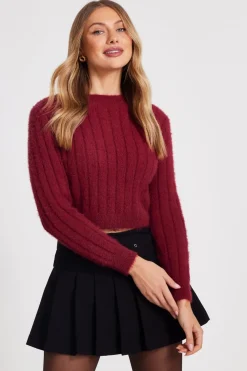 Quiz Day Tops|Crop Tops>Dark Red Fluffy Knit Jumper