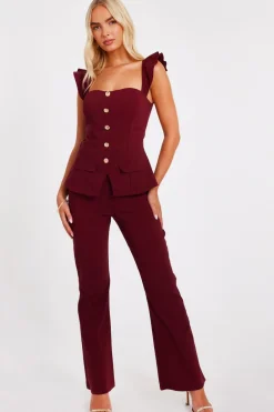 Quiz Occasion Jumpsuits|Going Out Jumpsuits>Dark Red Frill Sleeve Jumpsuit