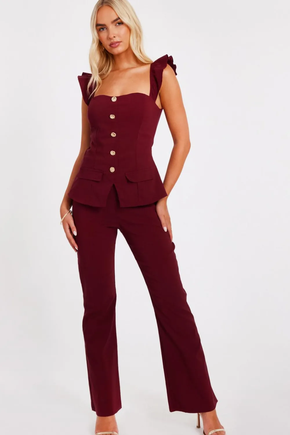Quiz Occasion Jumpsuits|Going Out Jumpsuits>Dark Red Frill Sleeve Jumpsuit