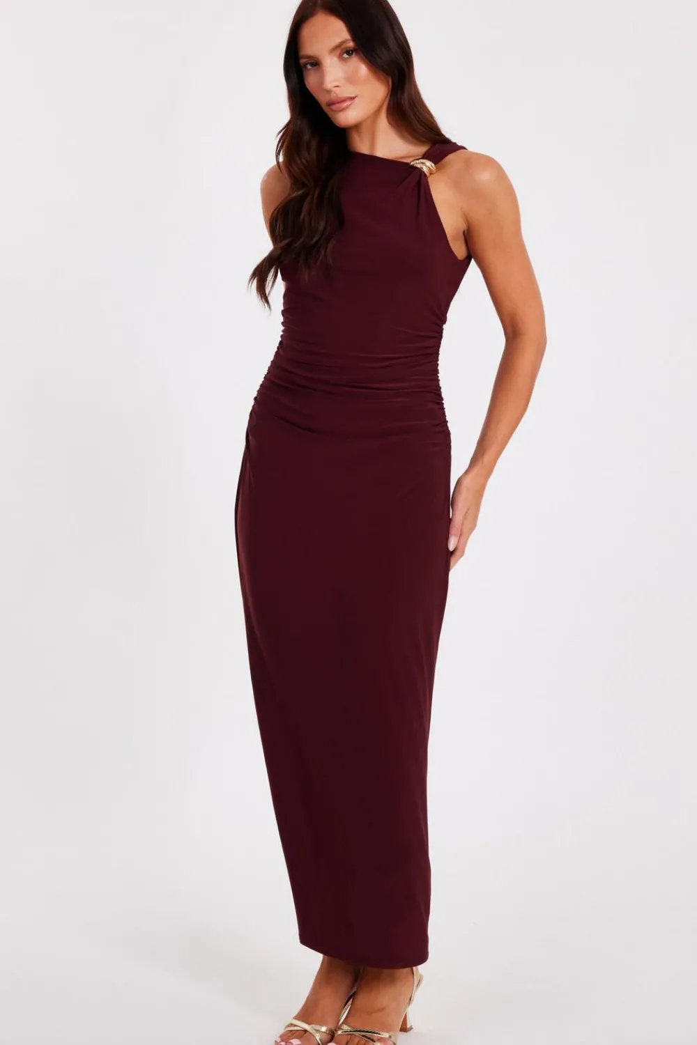 Quiz Day At The Races|Christening Guest>Dark Red Gold Buckle Midaxi Dress