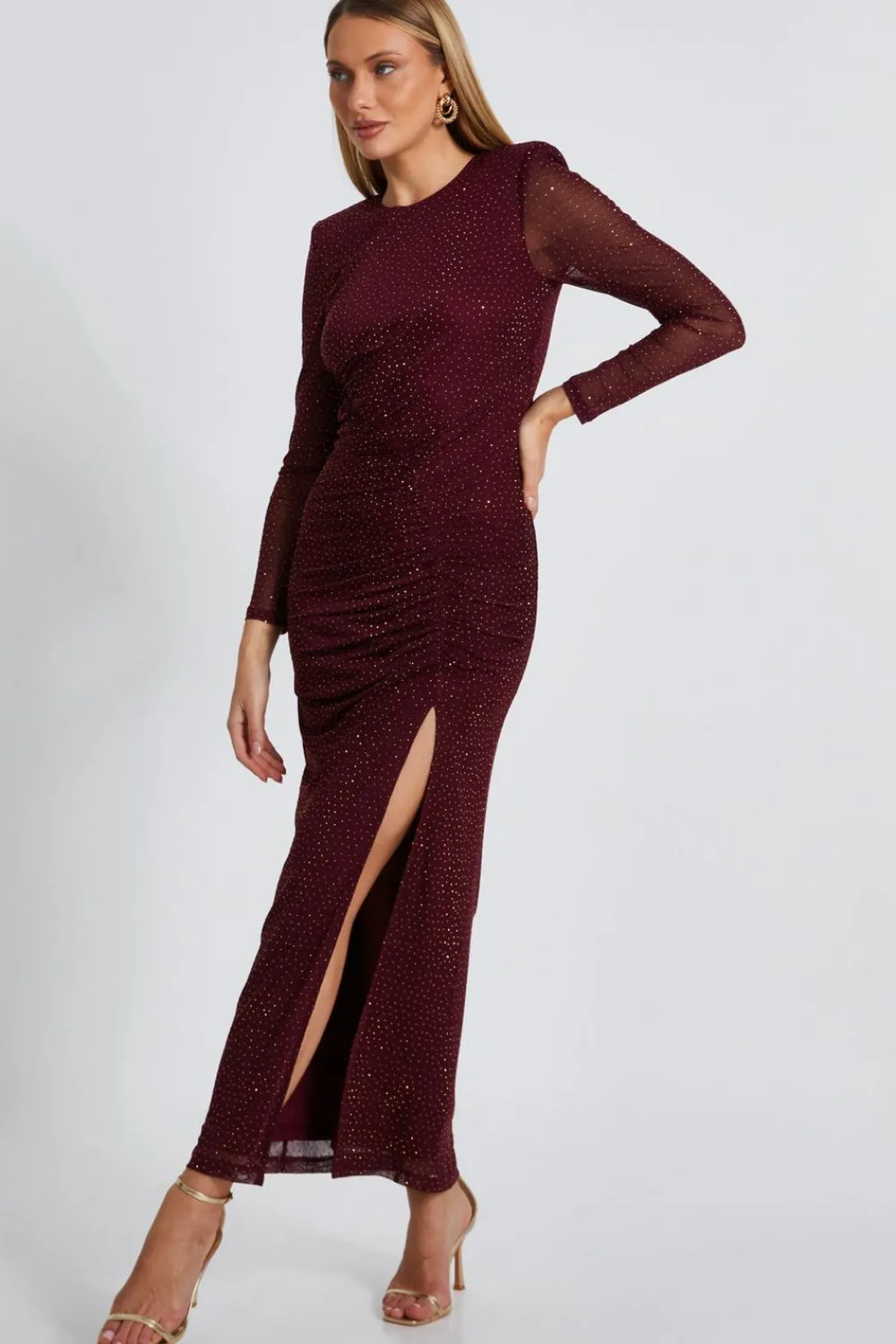 Quiz Evening Dresses|Wedding Guest Dresses>Dark Red Mesh Diamante Midaxi Dress