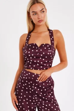 Quiz Going Out Tops|Crop Tops>Dark Red Polka Dot Crop Top