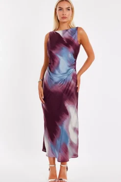 Quiz Evening Dresses|Day At The Races>Dark Red Printed Satin Midaxi Dress