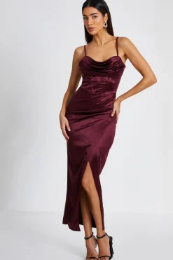 Quiz Evening Dresses|Trending: Red>Dark Red Satin Corset Midi Dress