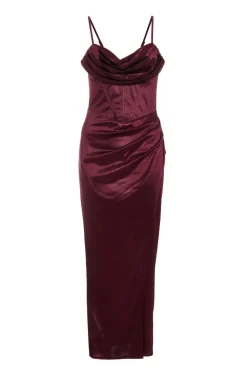 Quiz Evening Dresses|Trending: Red>Dark Red Satin Corset Midi Dress