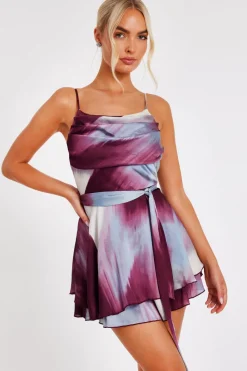 Quiz Playsuits|Jumpsuits>Dark Red Satin Printed Playsuit