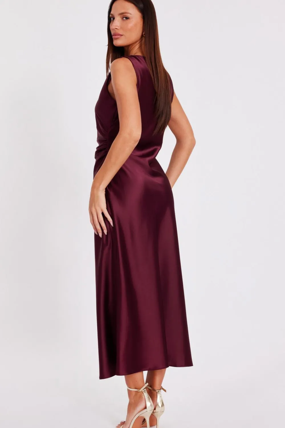 Quiz Day At The Races|Christening Guest>Dark Red Satin Ruched Midaxi Dress