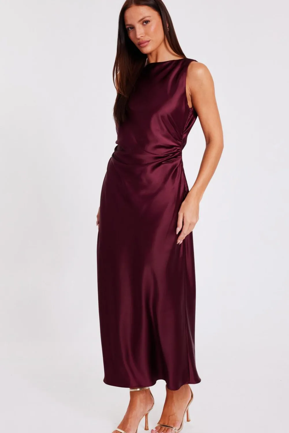 Quiz Day At The Races|Christening Guest>Dark Red Satin Ruched Midaxi Dress