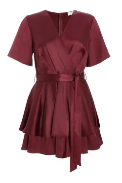 Quiz Trending: Red|Summer Clothes>Dark Red Satin Wrap Tiered Playsuit