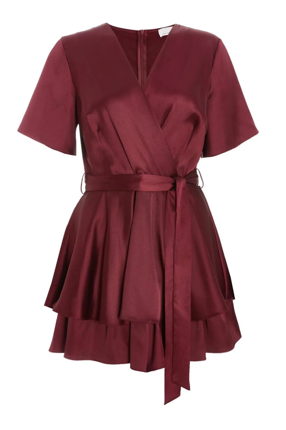 Quiz Trending: Red|Summer Clothes>Dark Red Satin Wrap Tiered Playsuit
