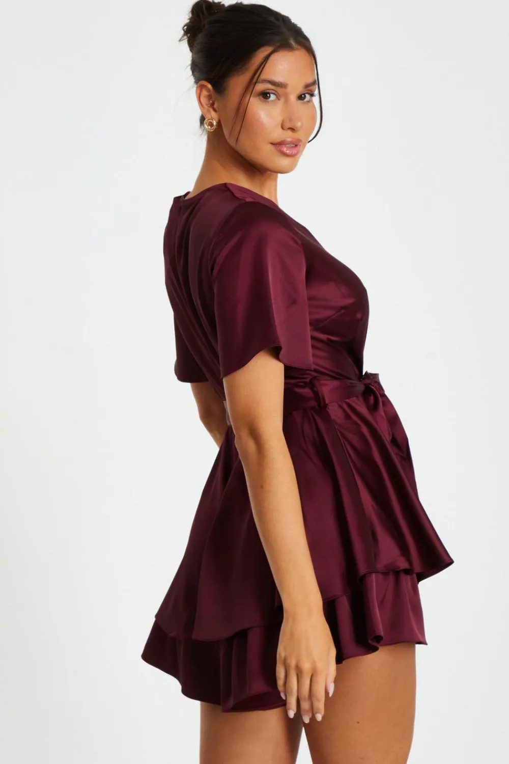 Quiz Trending: Red|Summer Clothes>Dark Red Satin Wrap Tiered Playsuit
