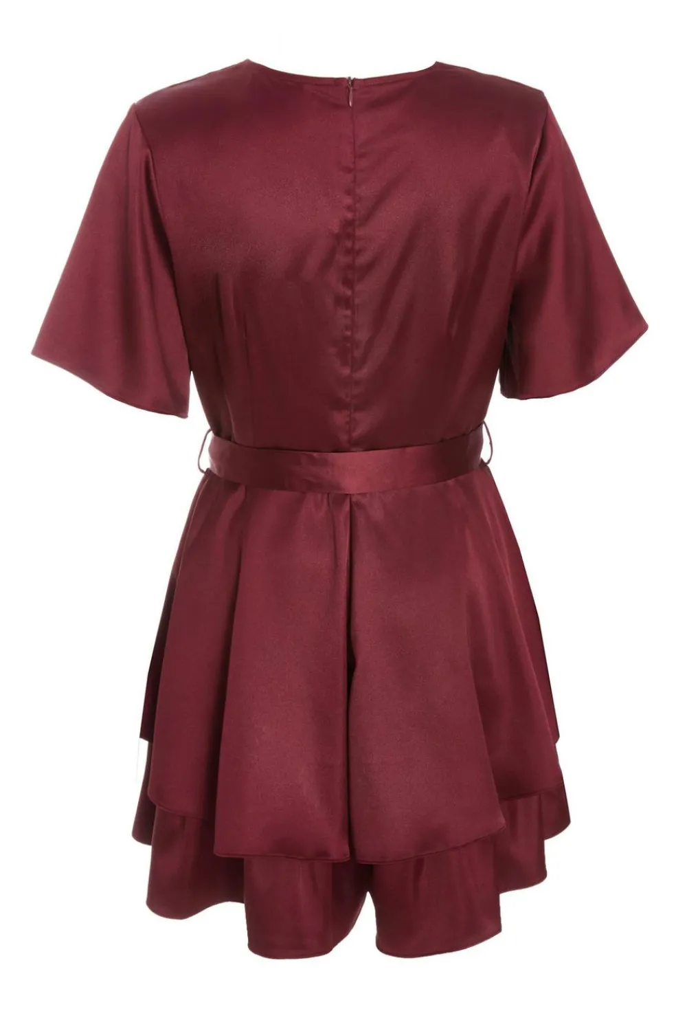 Quiz Trending: Red|Summer Clothes>Dark Red Satin Wrap Tiered Playsuit