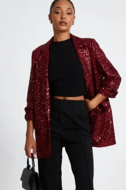 Quiz Trending: Red|Blazers>Dark Red Sequin Ruched Blazer