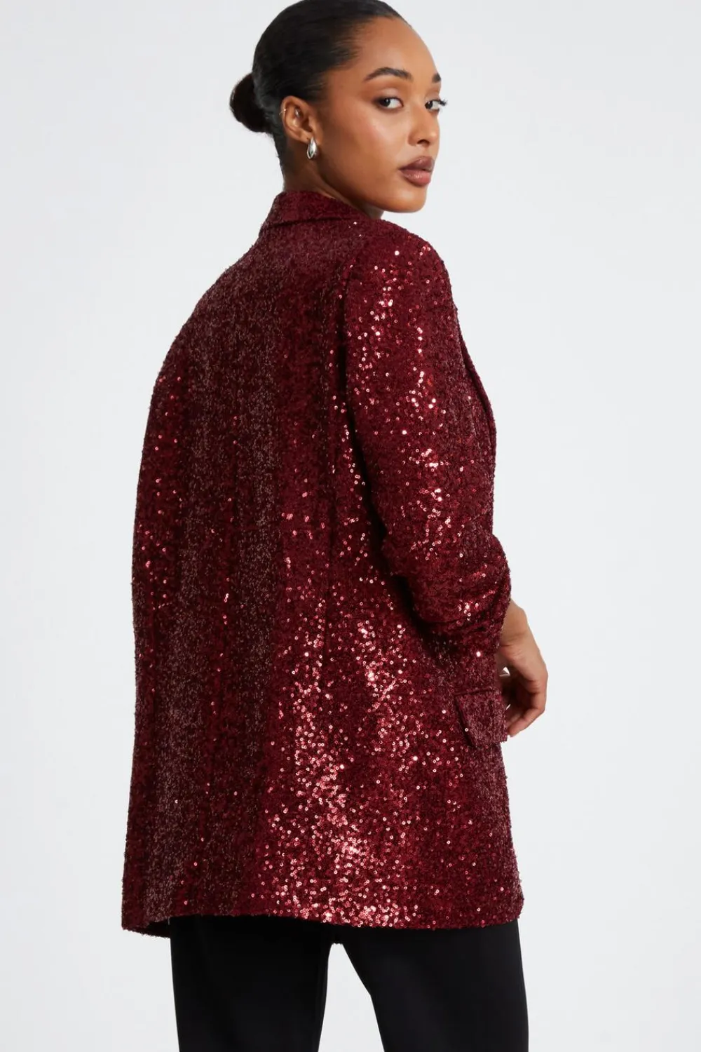 Quiz Trending: Red|Blazers>Dark Red Sequin Ruched Blazer