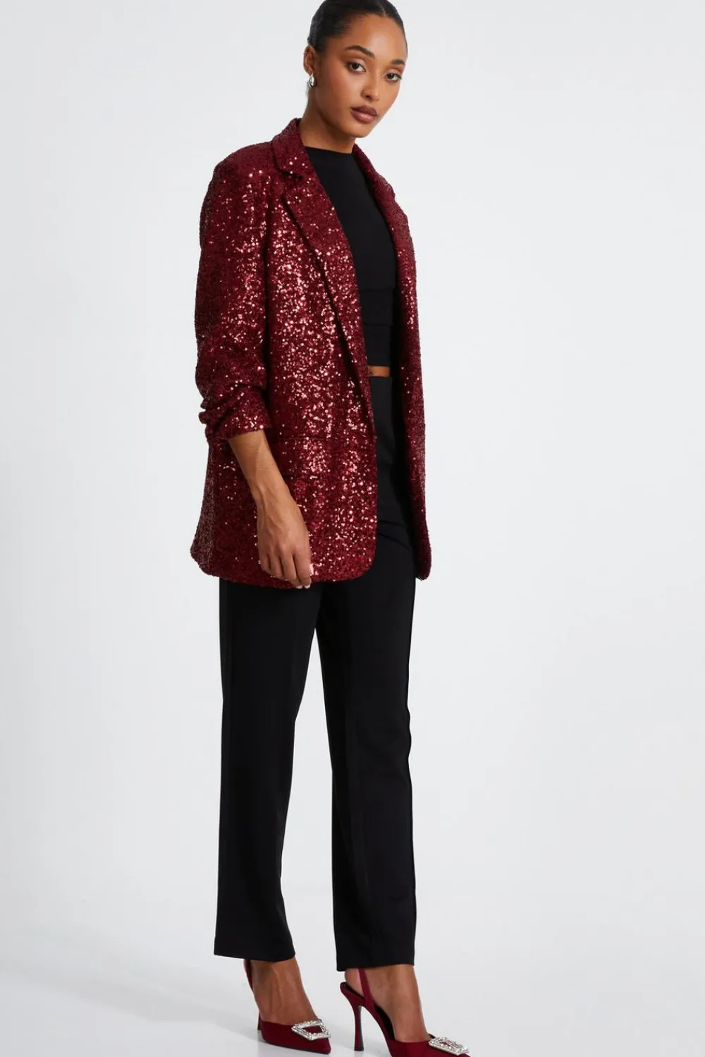 Quiz Trending: Red|Blazers>Dark Red Sequin Ruched Blazer