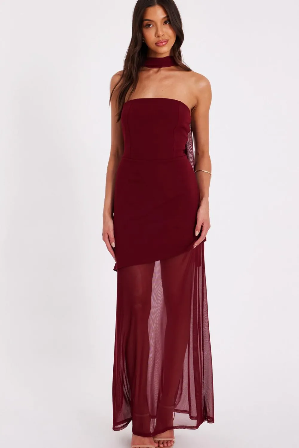Quiz Prom Dresses|Prom & Ball>Dark Red Strapless Mesh Hem Maxi Dress