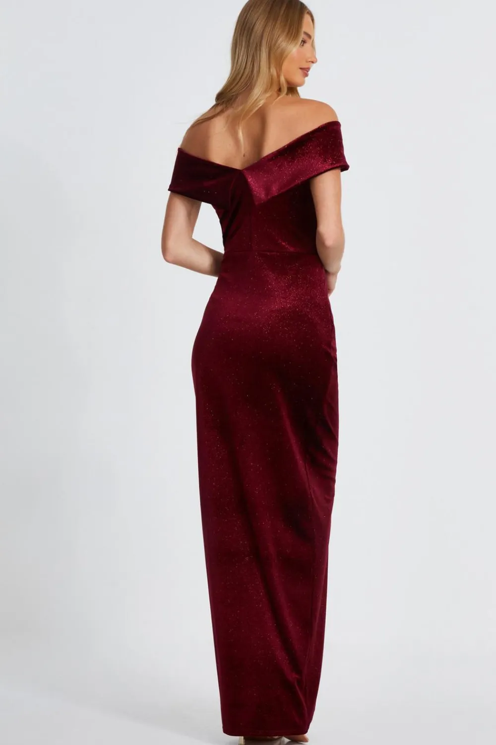 Quiz Evening Dresses|Trending: Red>Dark Red Velvet Bardot Maxi Dress