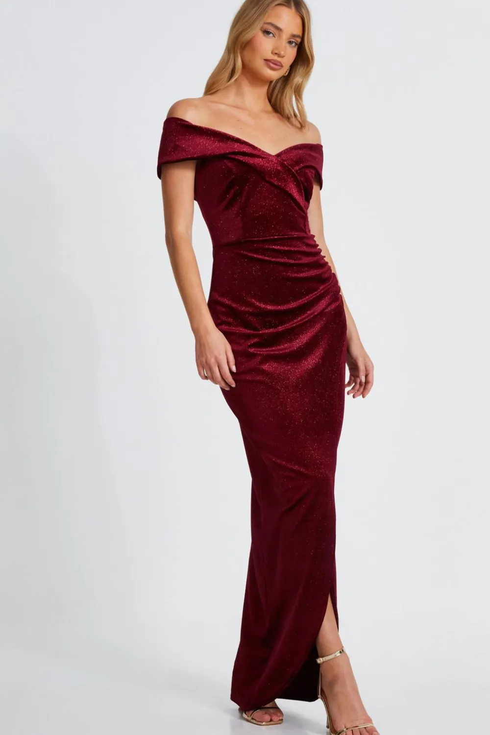 Quiz Evening Dresses|Trending: Red>Dark Red Velvet Bardot Maxi Dress