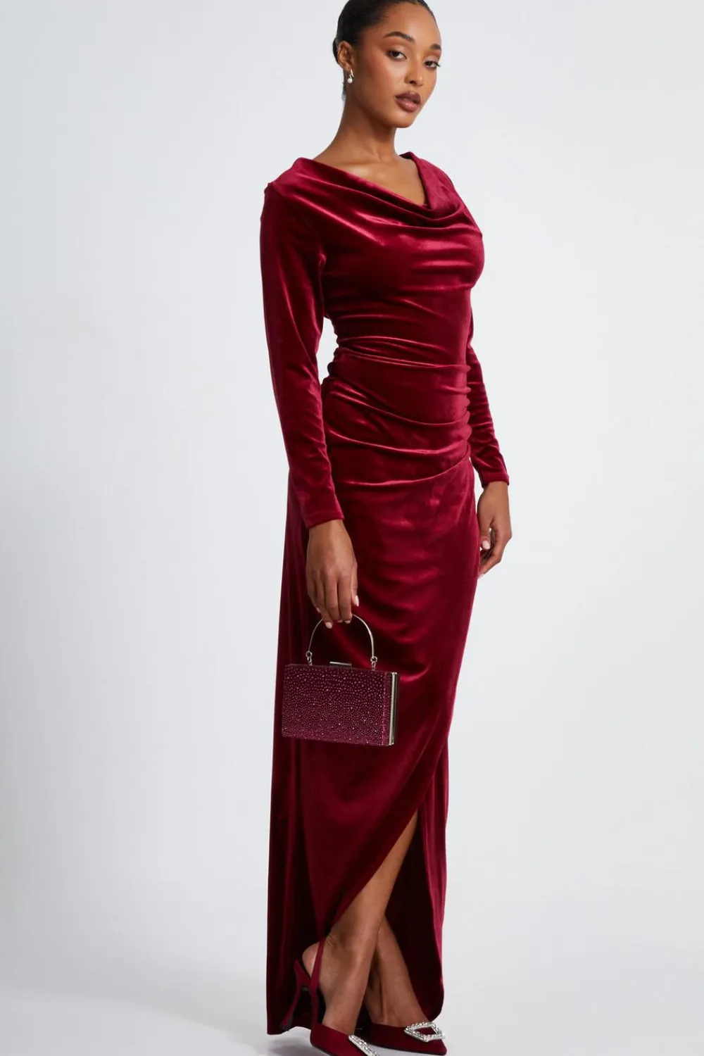 Quiz Trending: Red|Wedding Guest Dresses>Dark Red Velvet Cowl Neck Maxi Dress