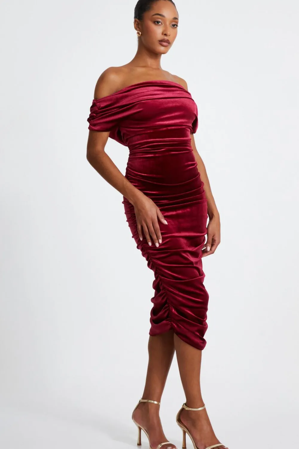Quiz Trending: Red|Red Dresses>Dark Red Velvet Ruched Midi Dress