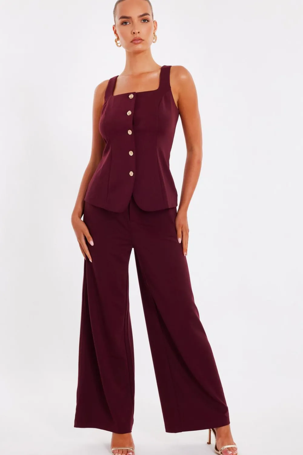 Quiz Workwear|Trousers>Dark Red Wide Leg Trousers
