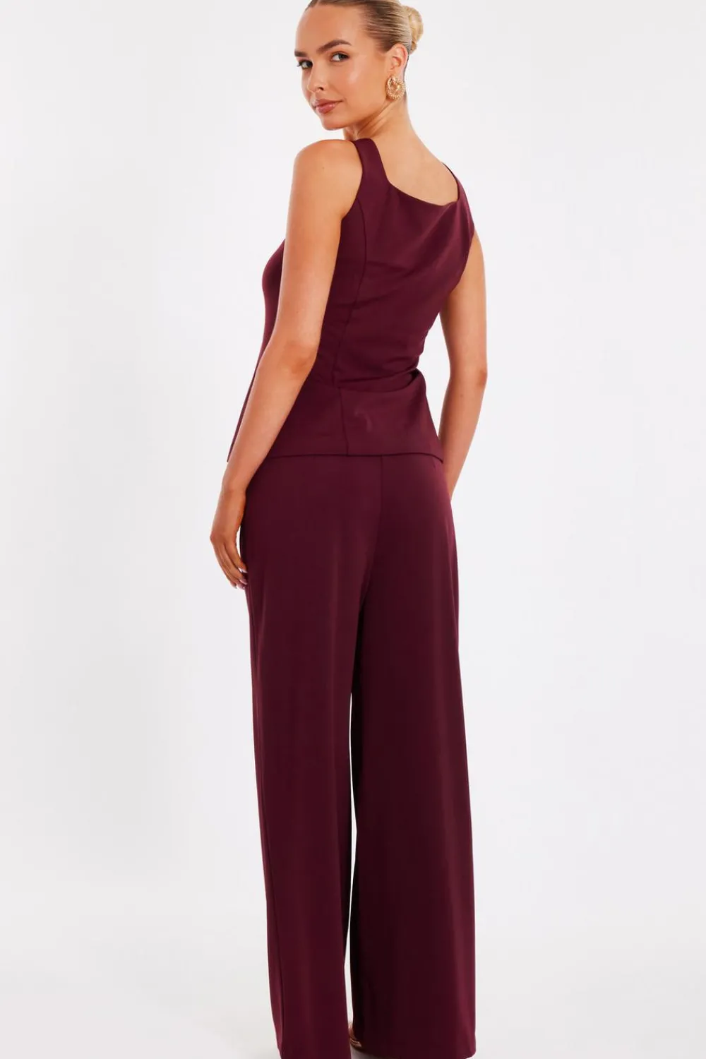 Quiz Workwear|Trousers>Dark Red Wide Leg Trousers