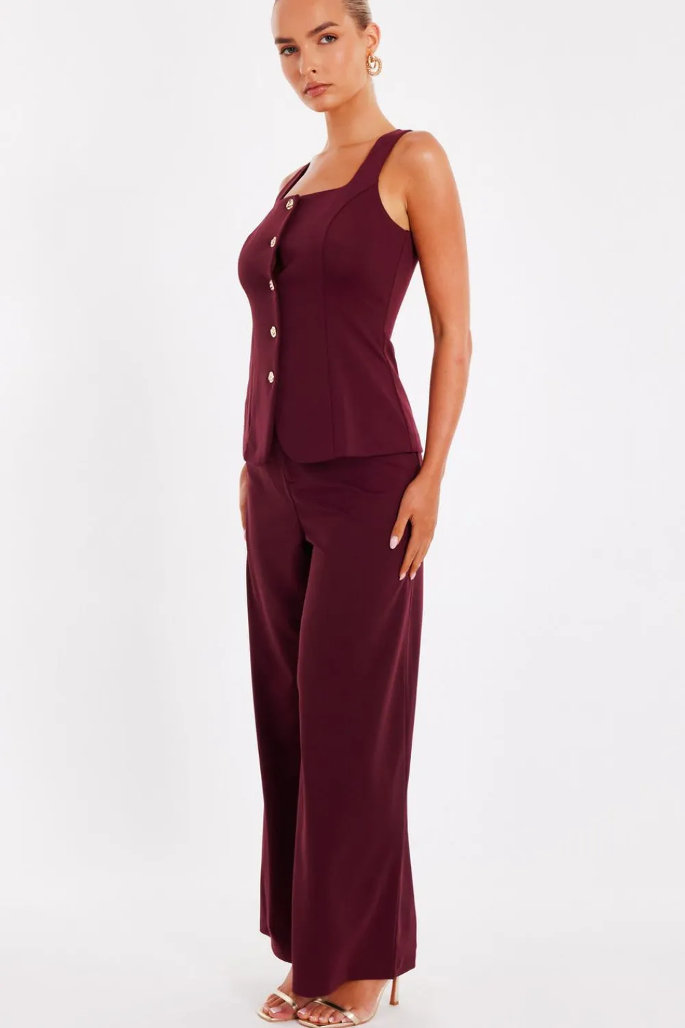 Quiz Workwear|Trousers>Dark Red Wide Leg Trousers