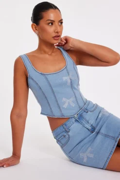 Quiz Summer Tops|Day Tops>Denim Bow Embellished Crop Top