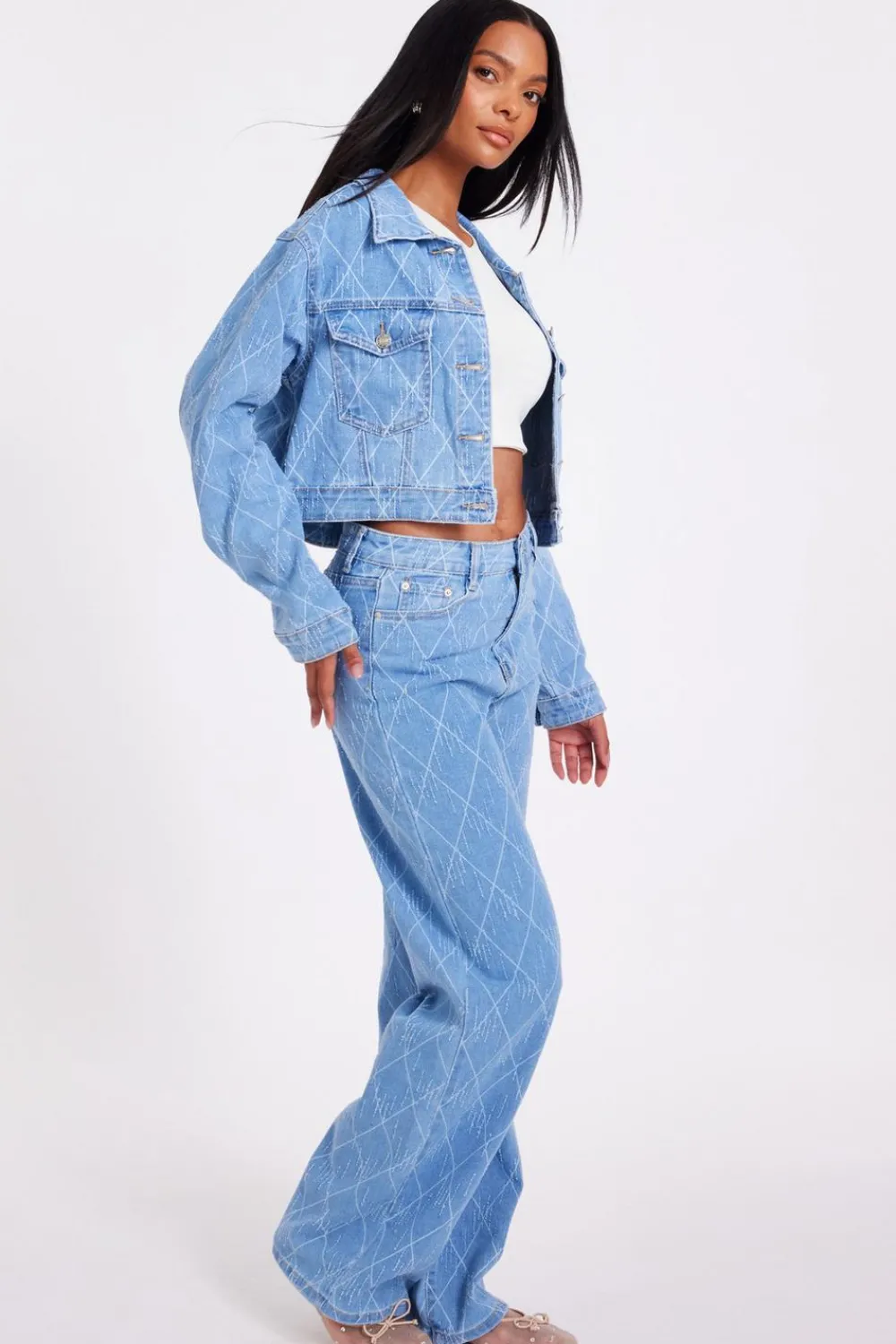 Quiz Trousers|Summer Clothes>Denim Textured Wide Leg Jeans