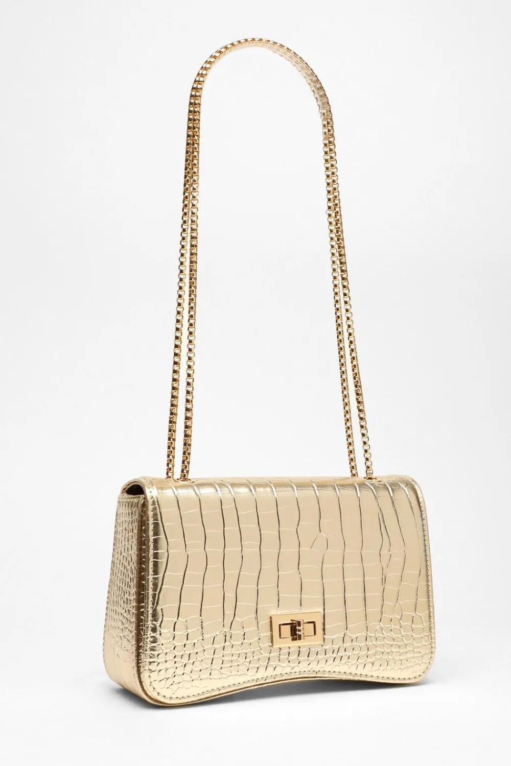 Quiz Bags>Gold Crocodile Print Cross Body Bag
