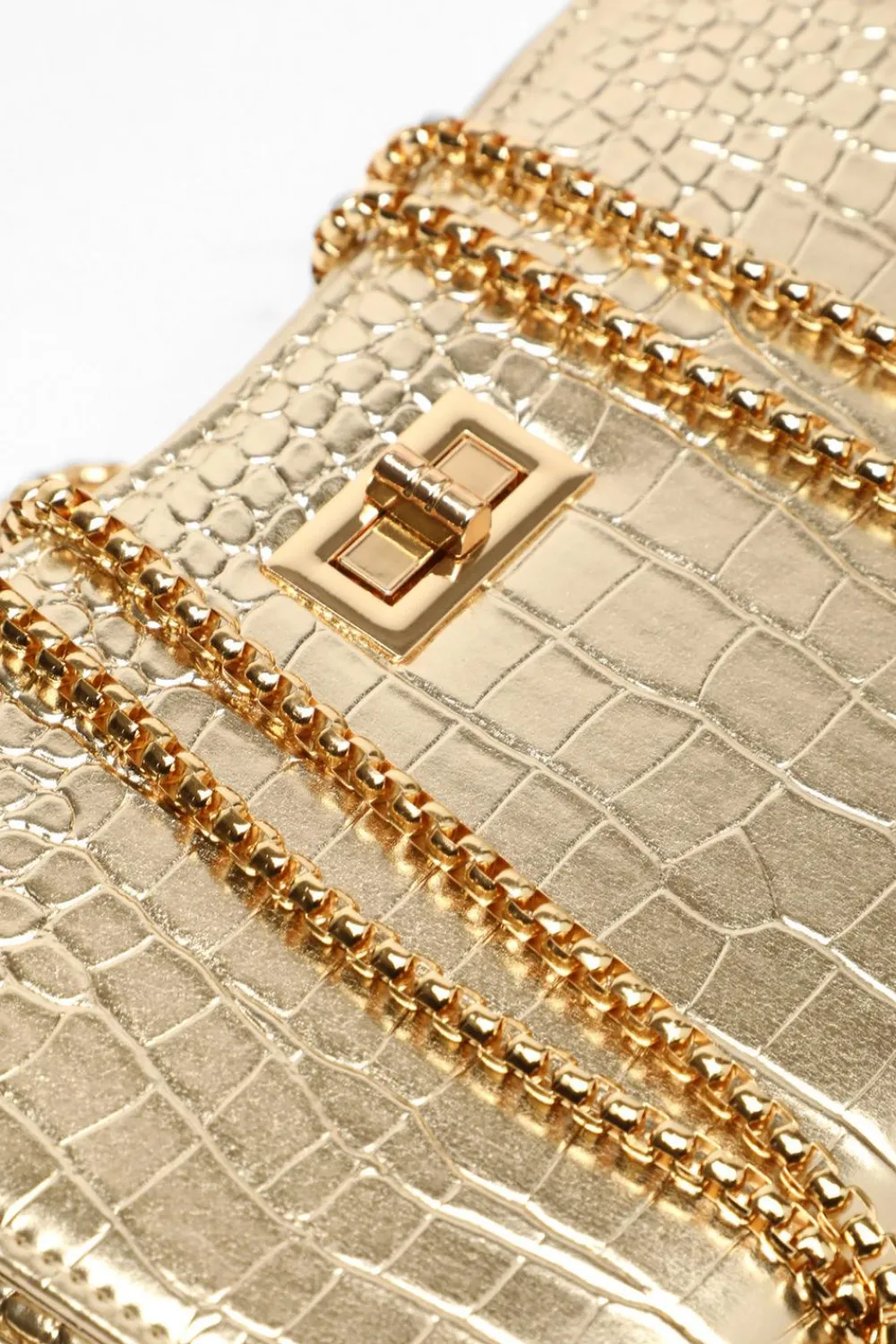 Quiz Bags>Gold Crocodile Print Cross Body Bag