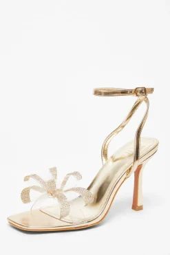 Quiz Sandals|Heels>Gold Diamante Bow Heels