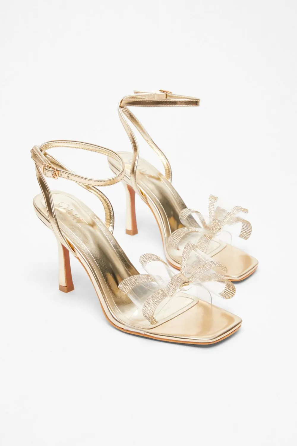 Quiz Sandals|Heels>Gold Diamante Bow Heels