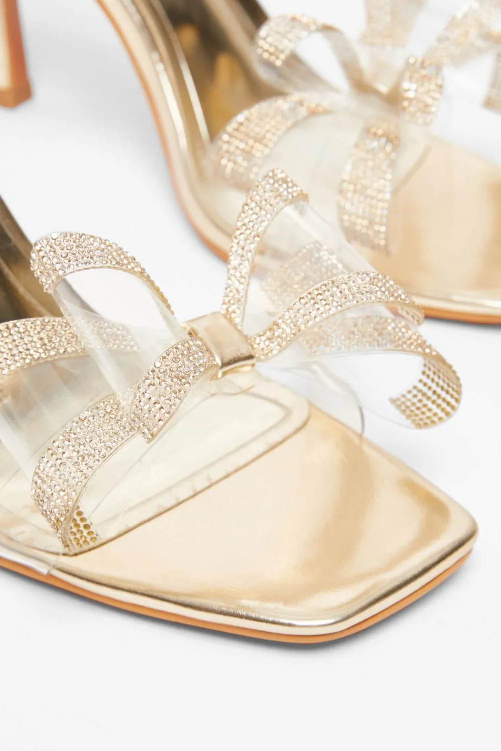 Quiz Sandals|Heels>Gold Diamante Bow Heels