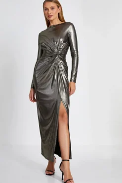 Quiz Evening Dresses|Occasion Dresses>Gold Foil Ruched Maxi Dress